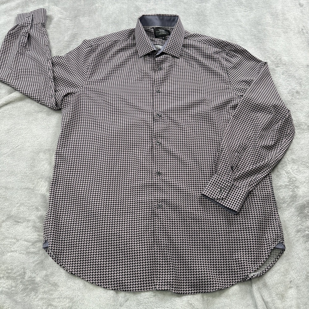 WRK 4 Way Stretch Long Sleeve Shirt Mens 18 Pink Black Geometric Print Stretch